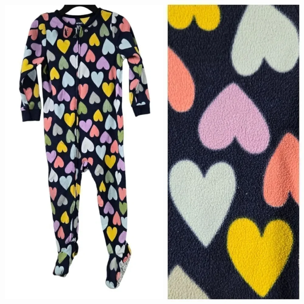 Carter's Girls 2T Navy Heart Print 1-Piece Fleece Footie PJs Sleep Play Pajama